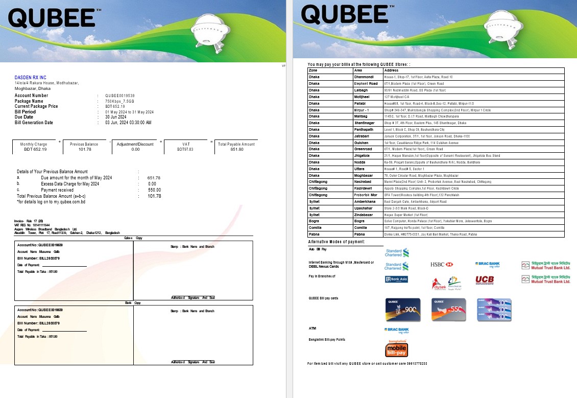 PAKISTAN QUBEE business utility bill Word and PDF template PSD template